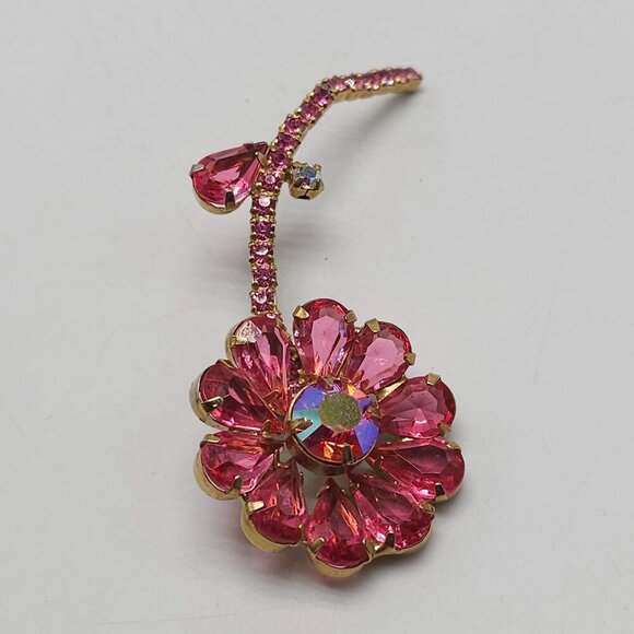Vintage Juliana Pink Rhinestone Flower Brooch Pin Gold Tone Open Backing 3.5in - Picture 2 of 5